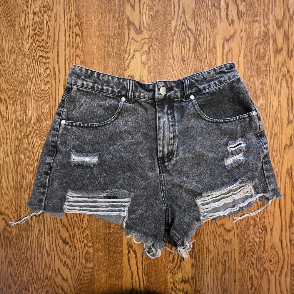 Black Denim 26/4 Jean Shorts Womens Distressed High-Rise Raw Hem Grunge HYFVE